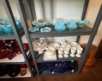 Fenton Hobnail in many colors, shapes, and sizes. Milk glass galore!