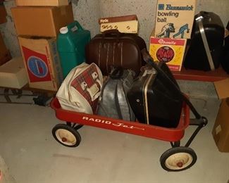 Vintage radio jet Radio Flyer metal wagon and vintage bowling balls