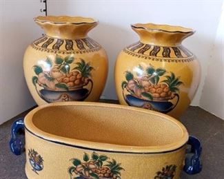 Yellow and Blue Urn Pots and Oval Pot Lot of 3