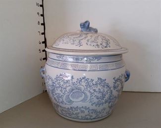 Blue and White Ceramic Pot with Lid