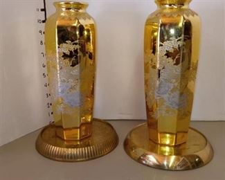 Pair of Gold Tone with Silver Peacock Inlay Vases and Risers