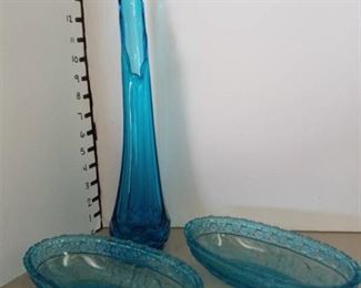 Tiara Indiana Blue Glass Relish Dishes with Blue Swung Glass Vase