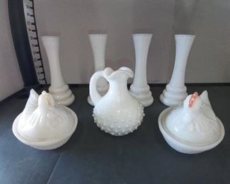 Avon Hobnail Vase with 4 Milk Glass Vases and 2 Anchor Milk Glass Chickens