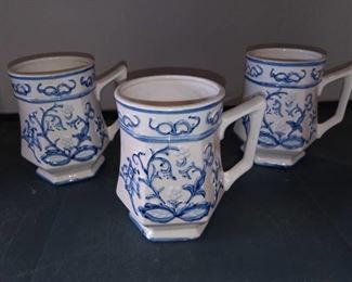 Japanese Blue and White Ceramic Mugs Set of 3