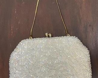 White Gold Beaded Vintage Clutch Purse With Strap
