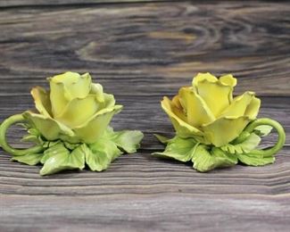 Vintage Capodimonte Italy Handmade Ceramic Yellow Rose Candleholders