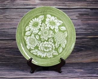 Green White Flower Pattern Stoneware Chop Dinner Plate