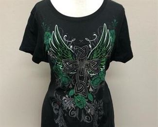 Black TShirt with Cross and Angel Wings Design