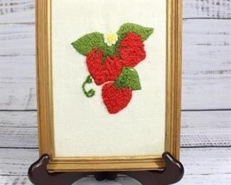 Vintage Framed Needlepoint Cross Stitched Strawberries
