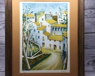 Framed and Signed Cityscape Town Lithograph