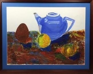 Framed Still Life Blue Tea Pot Painting