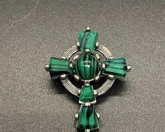 Vintage Black Green Striped Glass Cross Pendant Brooch Pin