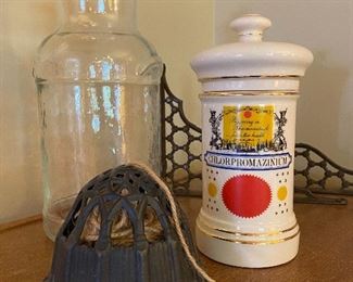 Ceramic apothecary jar, Chlorpromazinium.  Glass apothecary jar