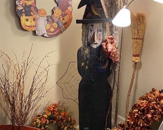 Halloween wreaths.  Hand crafted wood witch.  Great for your front porch!