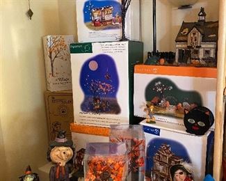 Dept. 56 Halloween houses, trees, fencing and figures.