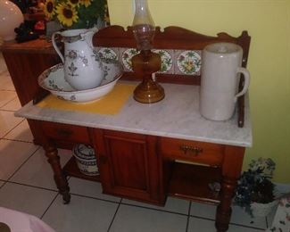 Antique French Side Work Table with Marble Top and Tile Backsplash
