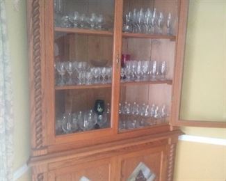 One of TWO Oak Corner Cabinets with Stained Glass Door Inserts