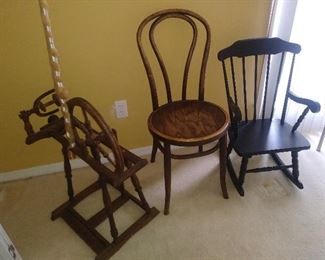Antique Spinning/Flax Wheel, Bentwood Chair and Child's Rocker