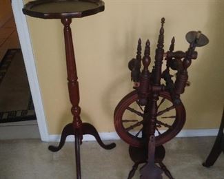 Tall Antique Candle Stand Table and Spinning Wheel