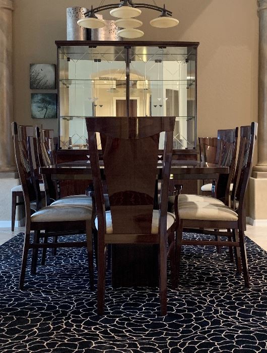 Copenhagen Dining Table w 10 Chairs and Stunning Hutch, Calvin Klein Area Rug 7'9" x 10'10"