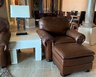 Leather Armchair and Ottoman, End Table, Table Lamp