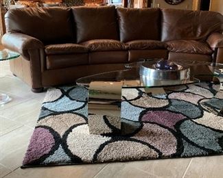 Leather Sofa w Matching Arm Chair, Area Rug Orian Halfmoon Steel Blue 63 x 90, Modern Coffee Table