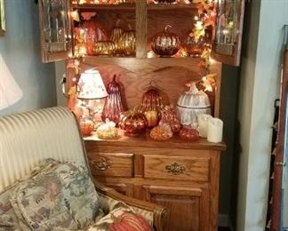Fall decor, Lighhted Hutch, comfy chair