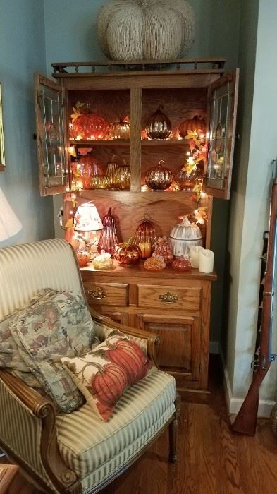 Fall decor, Lighhted Hutch, comfy chair