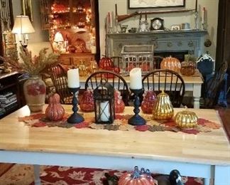 Two Kitchen tables, replica flintlock,  pewter candlesticks, and PUMPKINS