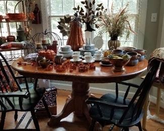Round table with leaf in, 2 Windsor style arm chairs and more Fall decor