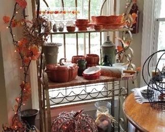 One of two Bakers Racks, French Staub Dutch Oven, Decorative Wagon, Vine Pumpkin