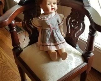 Child size cirner chair, 1940ish composition doll