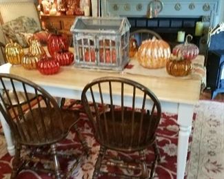 Second of two NEW  Kitchen tables, there are 6 Windsor style dining chairs that need a little finish sttention, PUMPKINS
