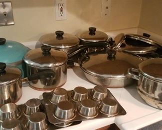 Revereware cookware and muffin pans,  Vintage aqua dutch oven