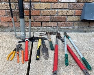 Channel lock pliers, ax pics, hand shovel, tree branch trimmers