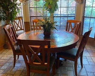 LARGE solid wood = heavy round breakfast/dining table with marble inlay & 6 chairs