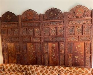 Vintage Asian Hand Carved Wooden Four Panel Room Divider/Screen