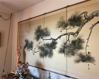 Vintage Asian Hand Painted Four Panel Screen 