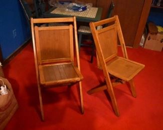 (2) Pair Vintage Rustic Wood Slat Folding Seat Stadium Auditorium Chairs