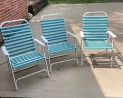 Vintage Folding Lawn Chair w/Vinyl Straps Aqua /White Metal EXCELLENT SET OF 4