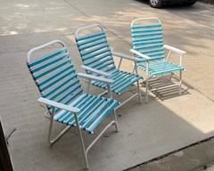 Vintage Folding Lawn Chair w/Vinyl Straps Aqua /White Metal EXCELLENT SET OF 4