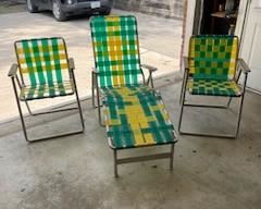 Vintage Aluminum Webbed Tri Folding Chaise Lounge and Chairs