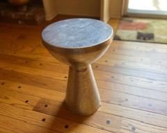 Industrial Hourglass-Shaped Metal Accent Table Textured Silver Finish