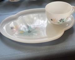 Vintage 1950s Patio Snack Set Federal Glass Co 8 pieces Atomic Flower Milk Glass