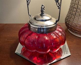 Antique Victorian cranberry glass candy dish