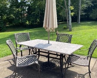 Heavy duty patio table with heavy metal chairs, heavy metal umbrella stand