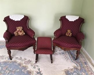 004 Circa 1850s Chairs with Rare Rocking Footrest