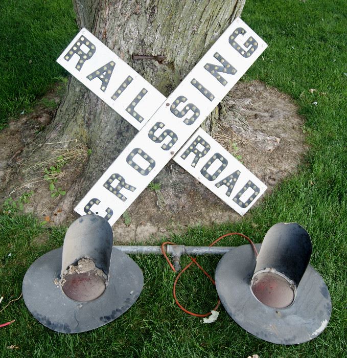 Original Glass Marble Railroad Crossing Cross Buck Sign with Lights