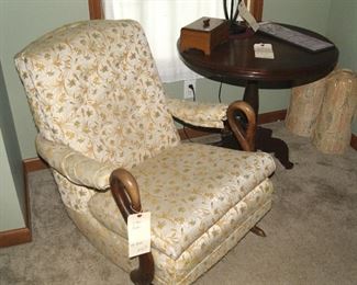 Antique Recliner with Swan Head Arms & Round Walnut Lamp Table Antique