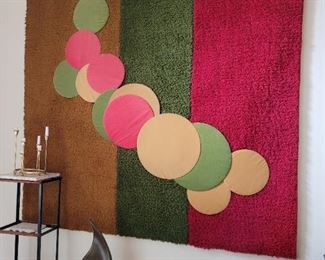 $95.00,  MCM 7 x 7' woven rug wall art wood back frame